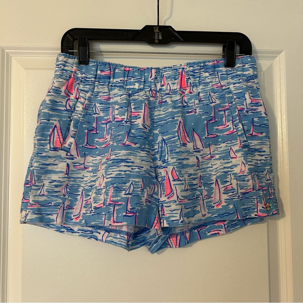 Lilly Pulitzer Blue and Pink Sailboat Women's linen Shorts Small